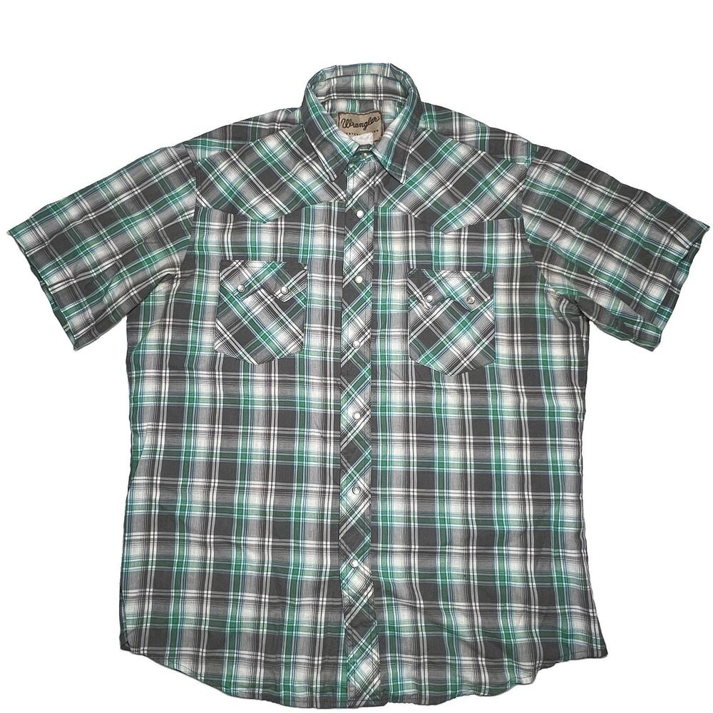 Wrangler Pearl Snap Shirt Men Size Large Green Plaid Short Sleeve Western Rodeo